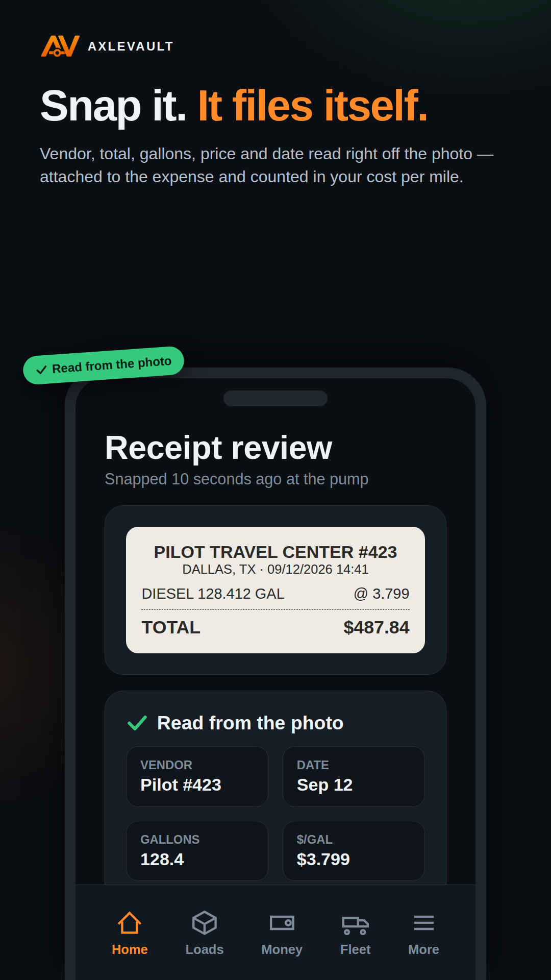 Receipt scanning — a fuel receipt photo becomes a complete fuel entry automatically